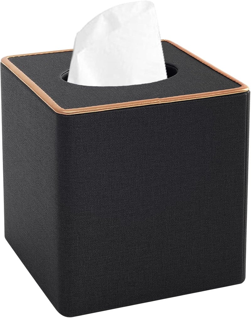XNONE Tissue Box Cover Square Tissue Box Holder PU Leather Facial Organizer with Magnetic Bottom,Decorative Napkin Caddy for Vanity Dresser Night Stand Table Countertop Home Office Car,Black - Image 1